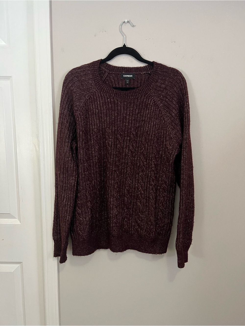 Express Burgundy Cable Knit Crewneck Sweater in dark plum,Large